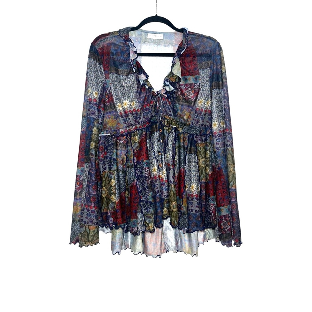 Natural Life Sierra Mesh Long Sleeve Patchwork V-Neck Ruffle Boho Top XL - Picture 2 of 6